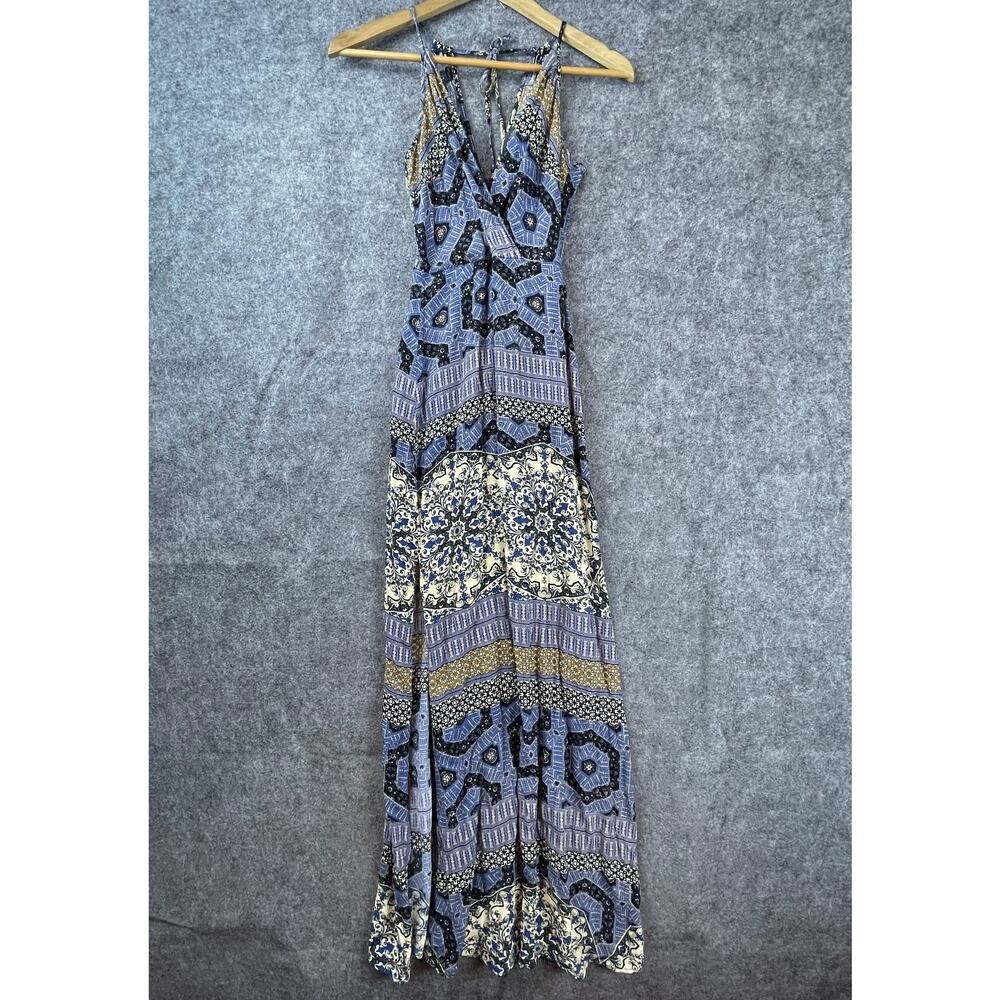 ASTR Dress Womens Small Blue Geometric Sleeveless Boho Tie Neck Festival Summery